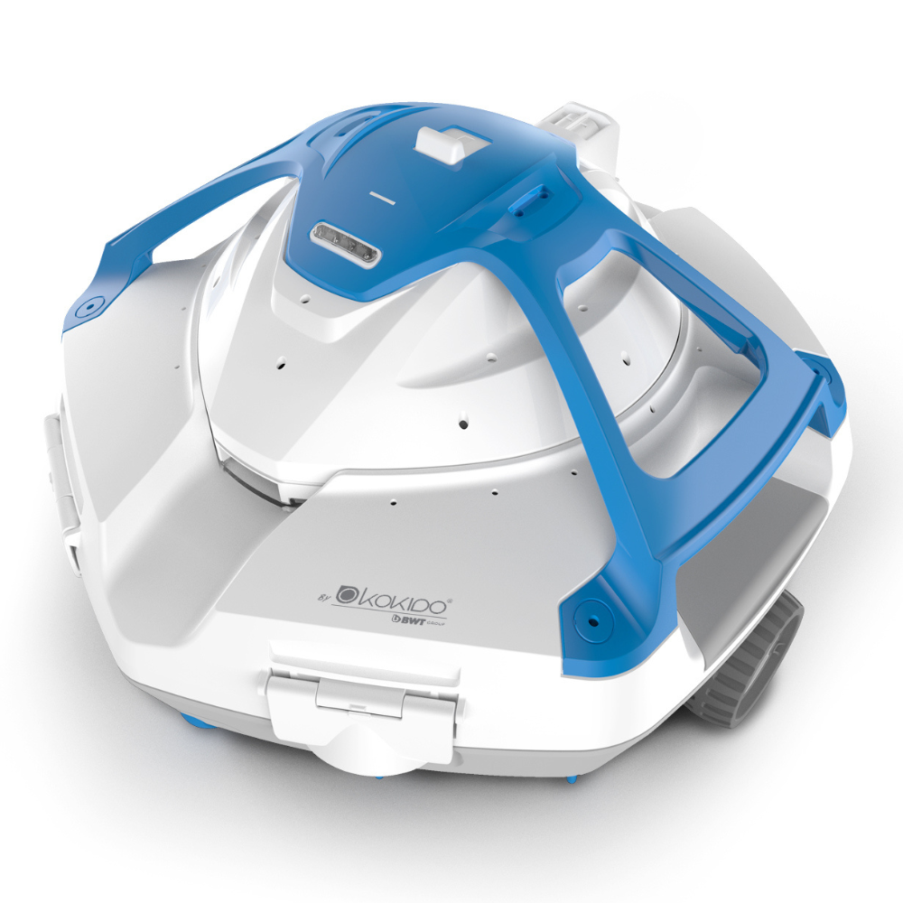 Cordless robotic pool cleaner on a white background