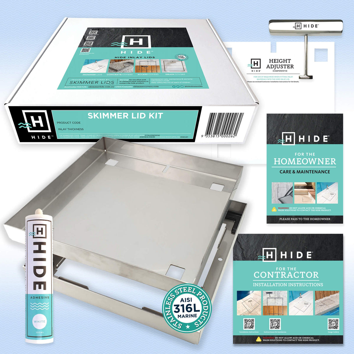 Hide 12" Pool Deck Skimmer Lid Kit, 1-3/8" to 1-5/8" Material Depth, HSL12-1.6