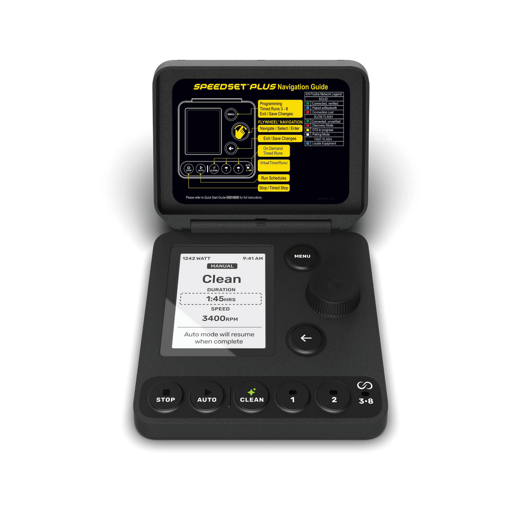 Jandy SpeedSet Plus controller - high-resolution official front view with LCD display, FlyWheel dial and navigation guide