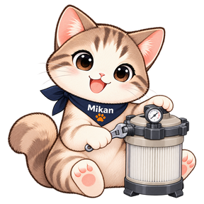 Mikan checking a pool filter with a small wrench