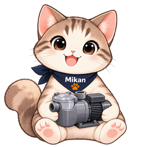 Mikan hugging a miniature pool pump