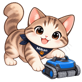 Mikan playing with a robotic pool cleaner