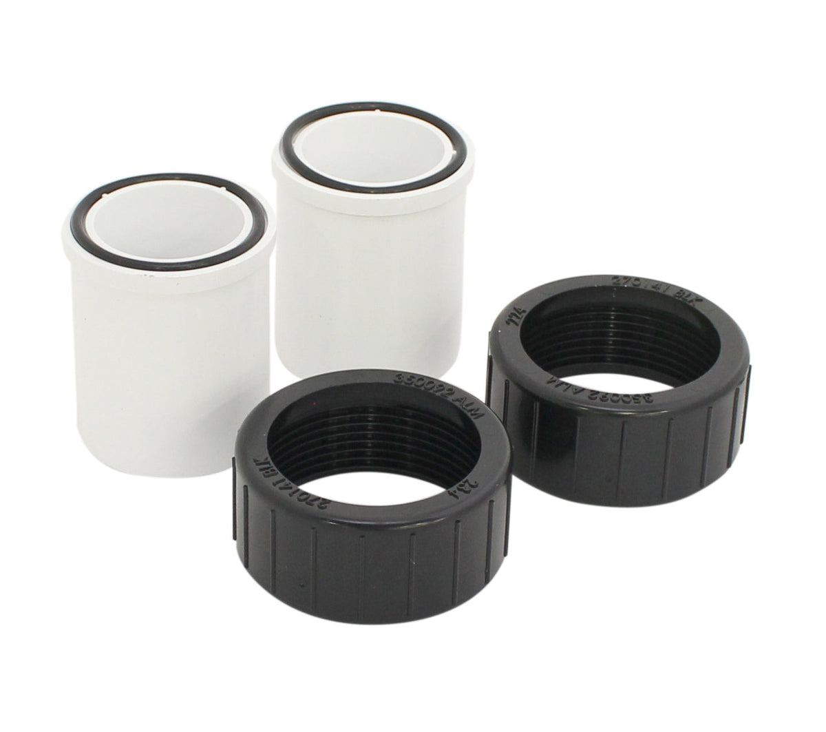 Pentair 351157 union kit with two black nuts, white adapters and O-rings
