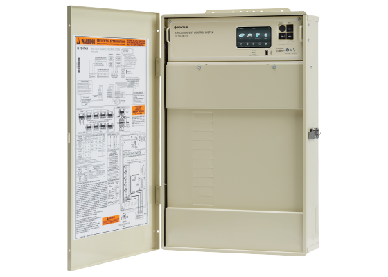 Pentair IntelliCenter load center enclosure, front view with door open