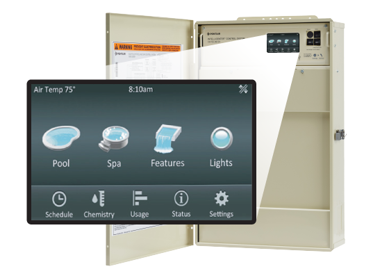 Pentair IntelliCenter color touchscreen detail; manufacturer interface illustration