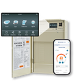 Pentair IntelliCenter 524001 pool and spa load center with touchscreen detail and Pentair Pool app display