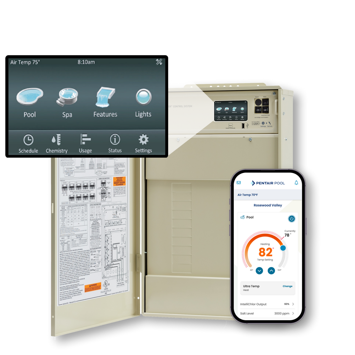 Pentair IntelliCenter 524001 pool and spa load center with touchscreen detail and Pentair Pool app display